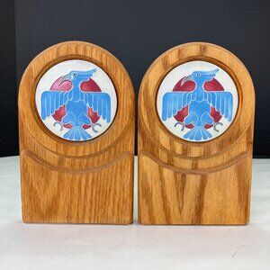 Vintage Southwestern Eagle Wood & Tile Bookends